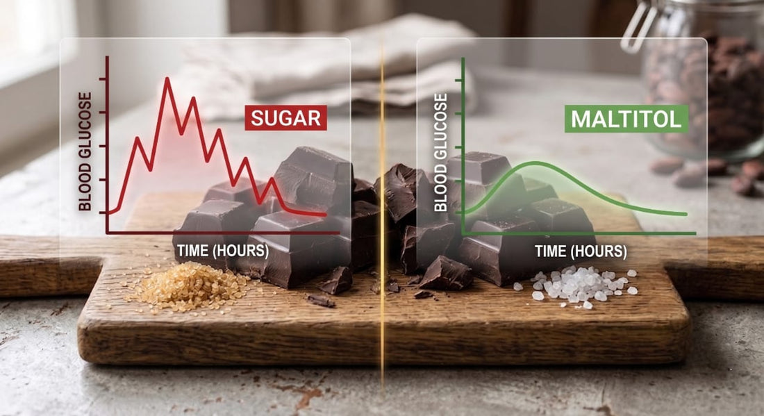 A side-by-side comparison of dark chocolate pieces with transparent graph overlays: the left side shows cane sugar causing a sharp blood glucose spike, while the right side shows maltitol maintaining a steady blood glucose curve.