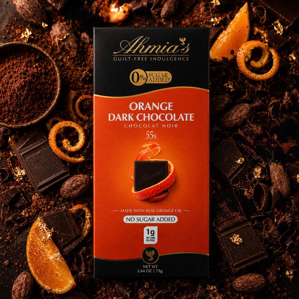 A box of Ahmia's Sugar-Free Orange Milk Chocolate which is Low-Carb, Gluten-Free, Keto Friendly and Diabetic  Friendly. 