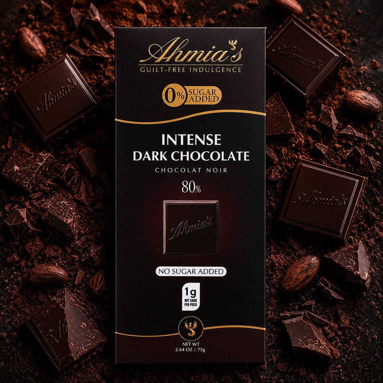 A box of Ahmia's Sugar-Free 80% Dark Chocolate which is Low-Carb, Gluten-Free, Keto Friendly and Diabetic Friendly. 