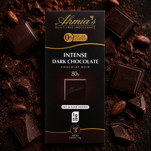 A box of Ahmia's Sugar-Free 80% Dark Chocolate which is Low-Carb, Gluten-Free, Keto Friendly and Diabetic Friendly. 