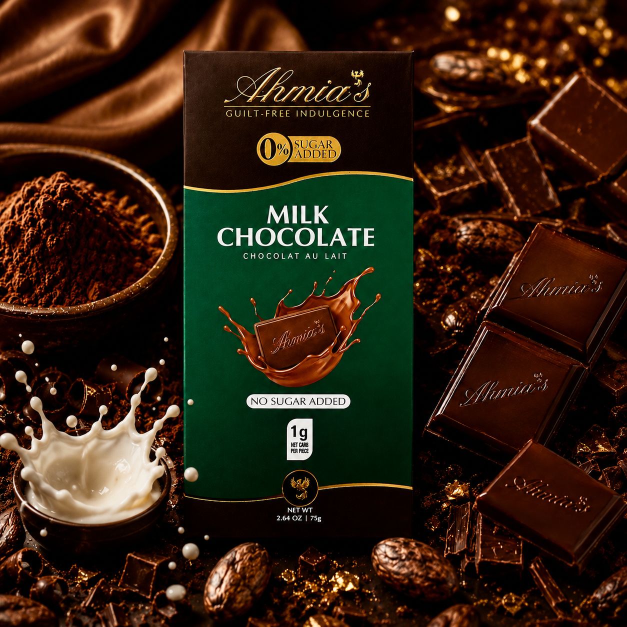 Ahmia's Milk Chocolate Box. Ahmia's Milk Chocolate is Sugar-Free, Low-Carb, Gluten-Free, Keto Friendly and Diabetic Friendly. 