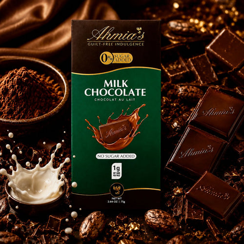 Ahmia's Milk Chocolate Box. Ahmia's Milk Chocolate is Sugar-Free, Low-Carb, Gluten-Free, Keto Friendly and Diabetic Friendly. 