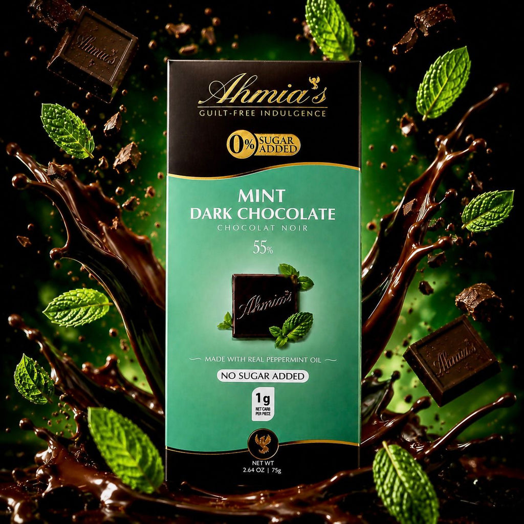 A box of Ahmia's Sugar-Free Mint Dark Chocolate which is Low-Carb, Gluten-Free, Keto Friendly and Diabetic Friendly. 
