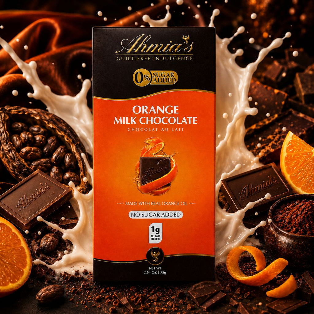 A box o Ahmias's Orange Milk Chocolate which is Sugar-Free, Gluten-Free, Low-Carb, Keto Friendly and Diabetic Friendly. 