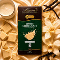 A box of Ahmia's White Chocolate which is Sugar-Free, Low-Carb, Gluten-Free, Keto Friendly and Diabetic Friendly. 