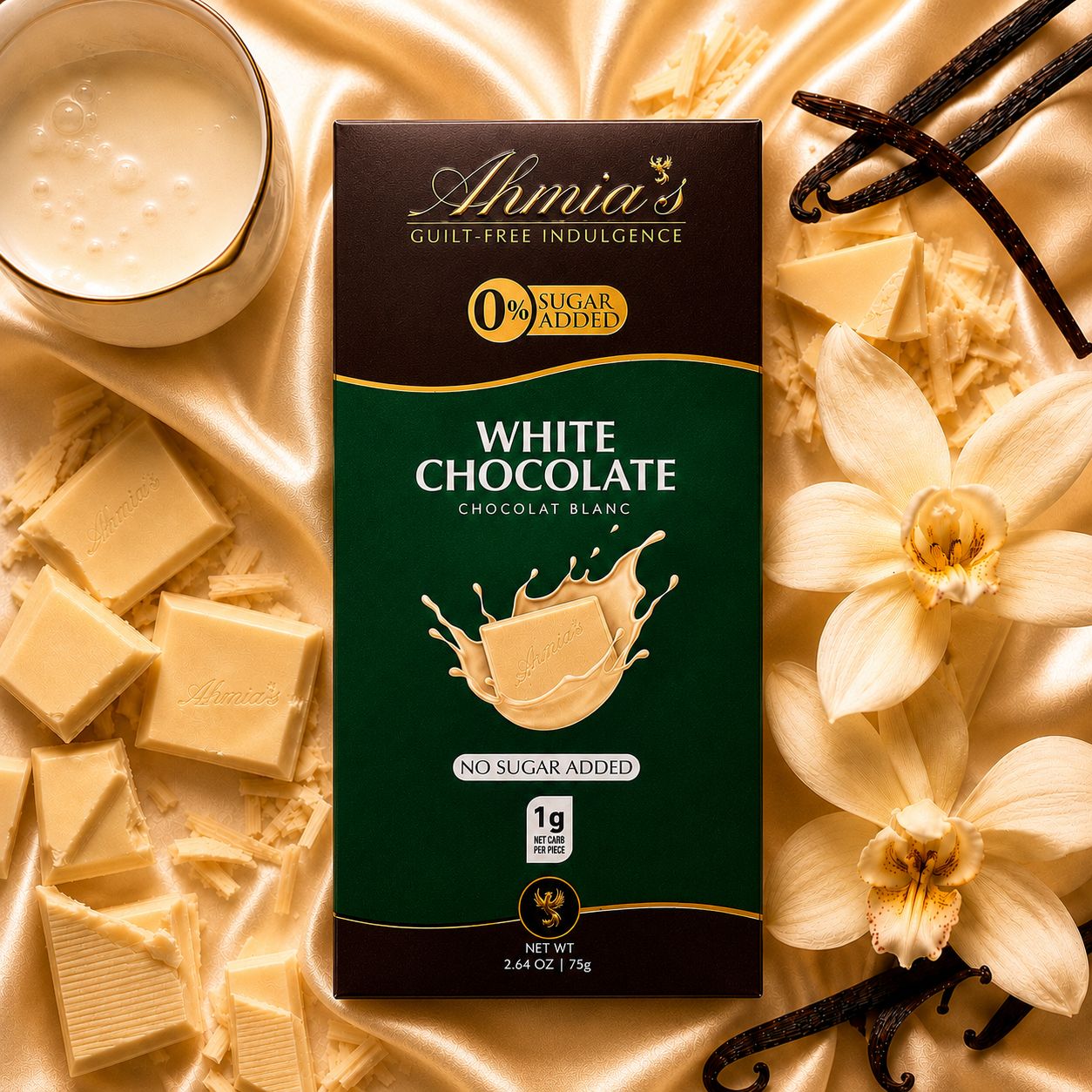 A box of Ahmia's White Chocolate which is Sugar-Free, Low-Carb, Gluten-Free, Keto Friendly and Diabetic Friendly. 