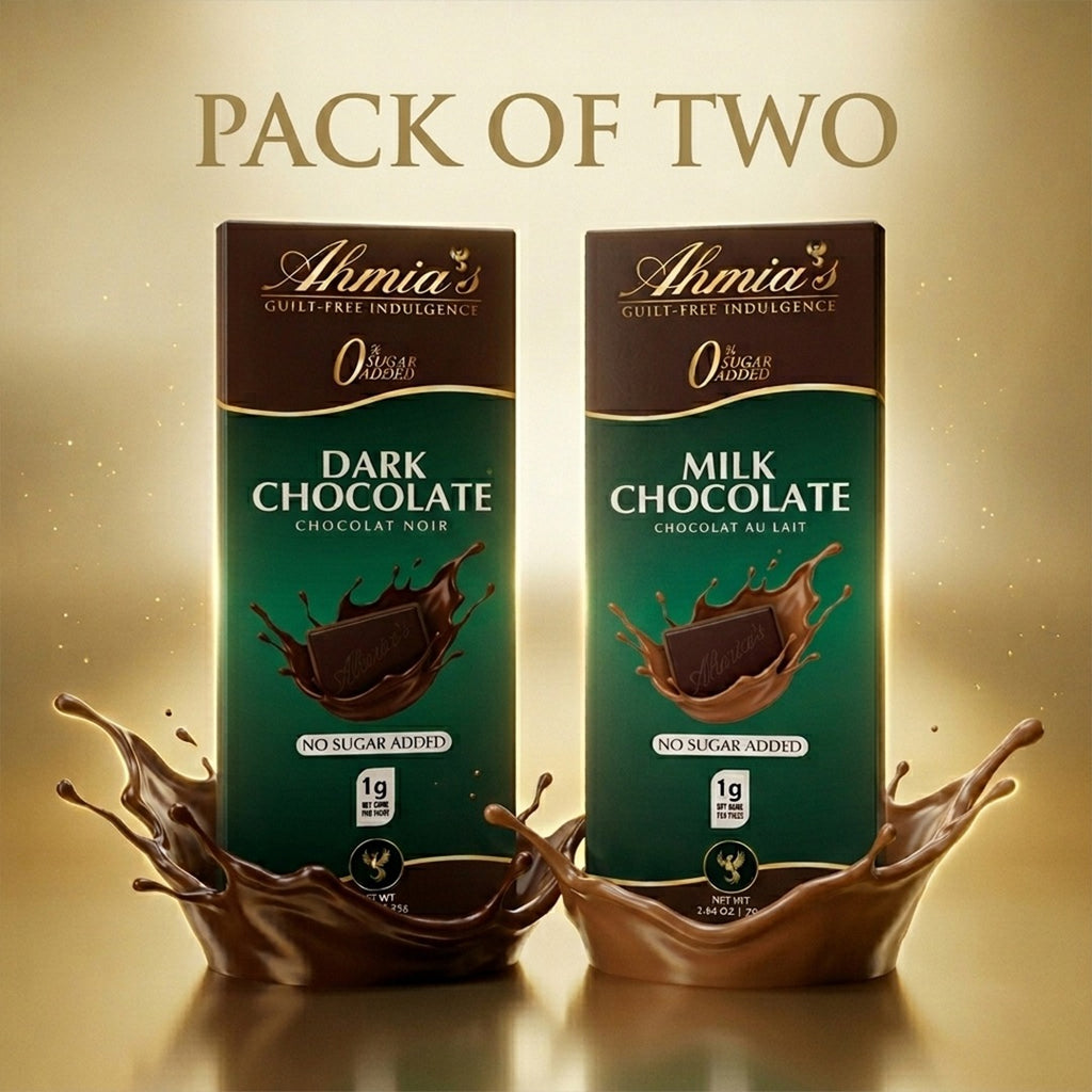 Two packs of Ahmia's no sugar added dark and milk chocolate on a gold background