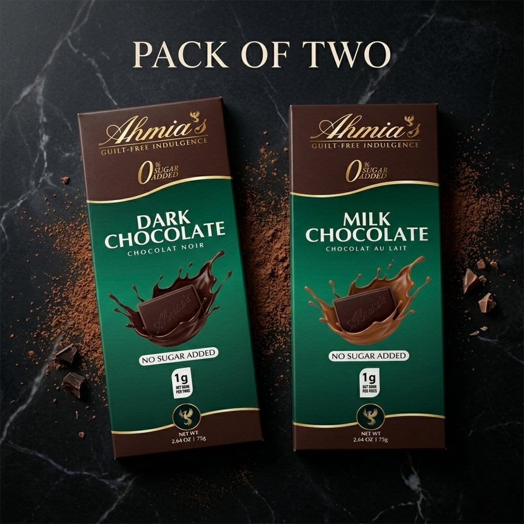 Two packs of Ahmia dark and milk chocolate on a dark marble background