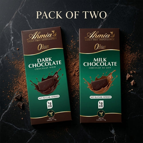 Two packs of Ahmia dark and milk chocolate on a dark marble background
