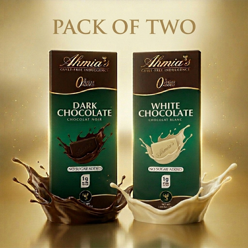 Two packs of Ahmia's dark and white chocolate on a gold background