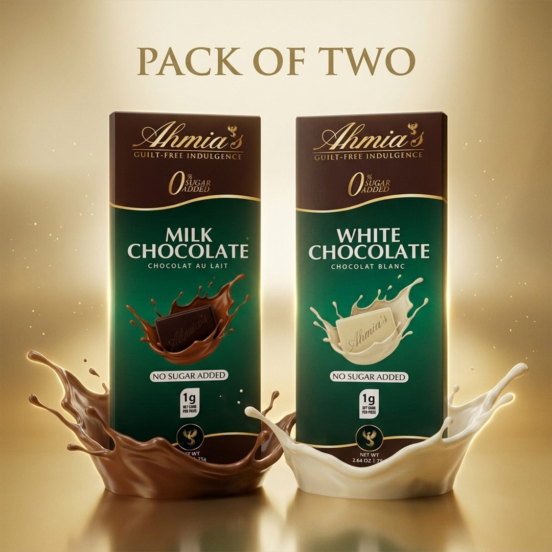 Two packs of Ahmia's milk and white chocolate on a gold background