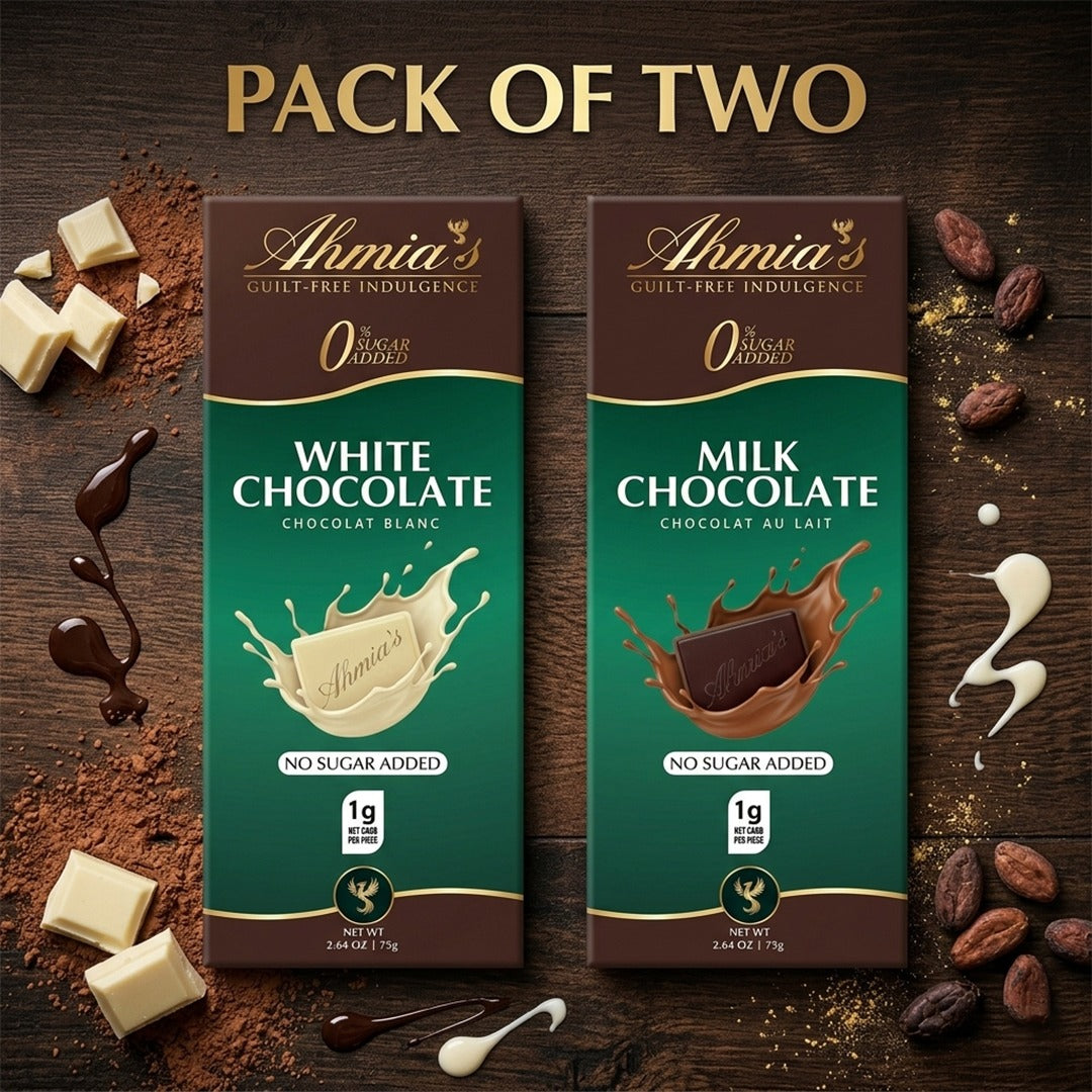 Two packs of Ahmia's no sugar added chocolate on a wooden background with chocolate pieces and ingredients.